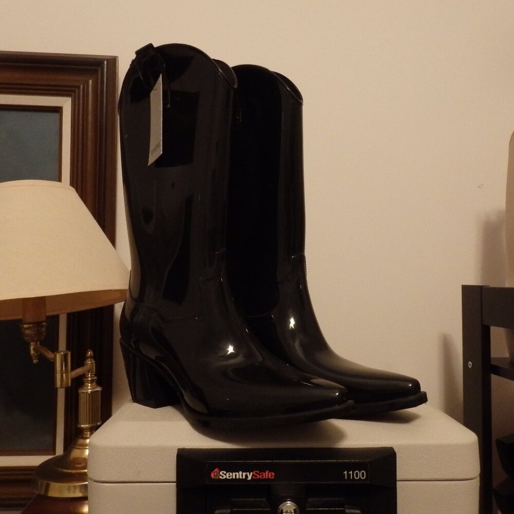 Black Cowgirl cowboy rubber rain boots high heel New with tags size 10